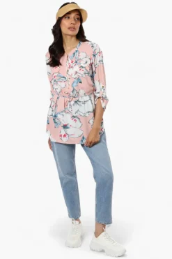 Beechers Brook Floral Belted Roll Up Sleeve Blouse - Pink