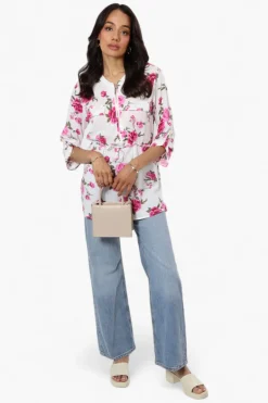 Beechers Brook Floral Belted Roll Up Sleeve Blouse - White