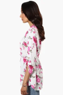 Beechers Brook Floral Belted Roll Up Sleeve Blouse - White