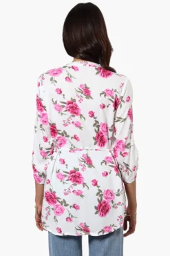 Beechers Brook Floral Belted Roll Up Sleeve Blouse - White