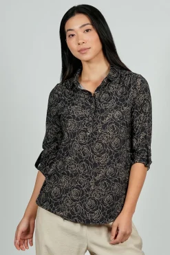 Beechers Brook Floral Button Down Roll Up Sleeve Blouse - Black