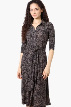 Beechers Brook Floral Button Up Belted Midi Dress - Black