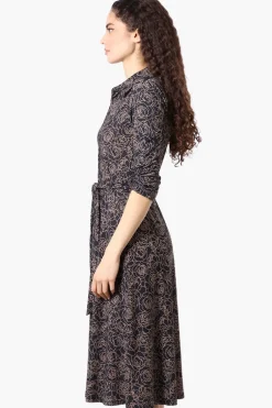 Beechers Brook Floral Button Up Belted Midi Dress - Black