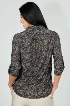 Beechers Brook Floral Button Down Roll Up Sleeve Blouse - Black