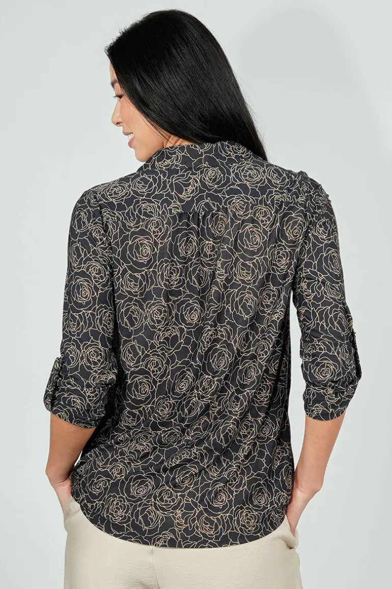 Beechers Brook Floral Button Down Roll Up Sleeve Blouse - Black