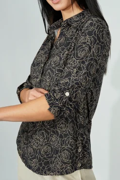 Beechers Brook Floral Button Down Roll Up Sleeve Blouse - Black