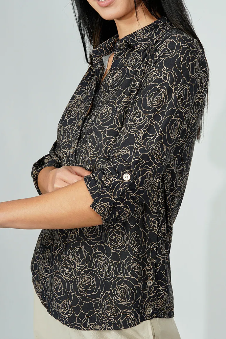 Beechers Brook Floral Button Down Roll Up Sleeve Blouse - Black