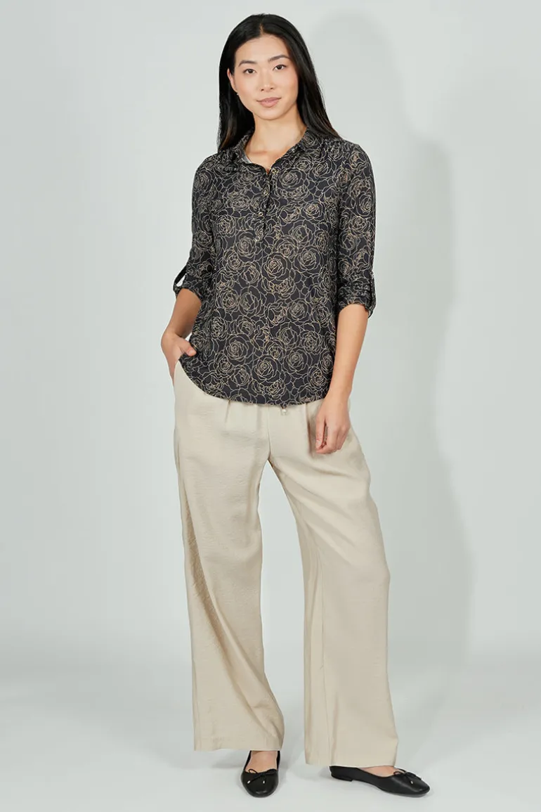 Beechers Brook Floral Button Down Roll Up Sleeve Blouse - Black