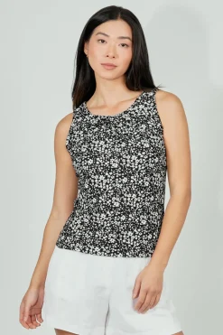 Beechers Brook Floral Cinched Collar Tank Top - Black