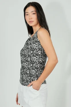 Beechers Brook Floral Cinched Collar Tank Top - Black