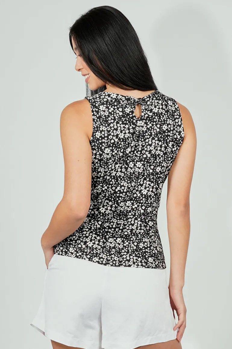 Beechers Brook Floral Cinched Collar Tank Top - Black