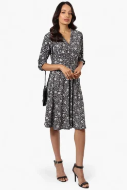 Beechers Brook Floral Crossover Button Up Sleeve Day Dress - Black