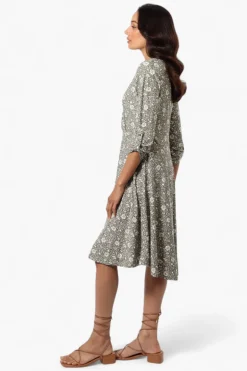 Beechers Brook Floral Crossover Button Up Sleeve Day Dress - Olive