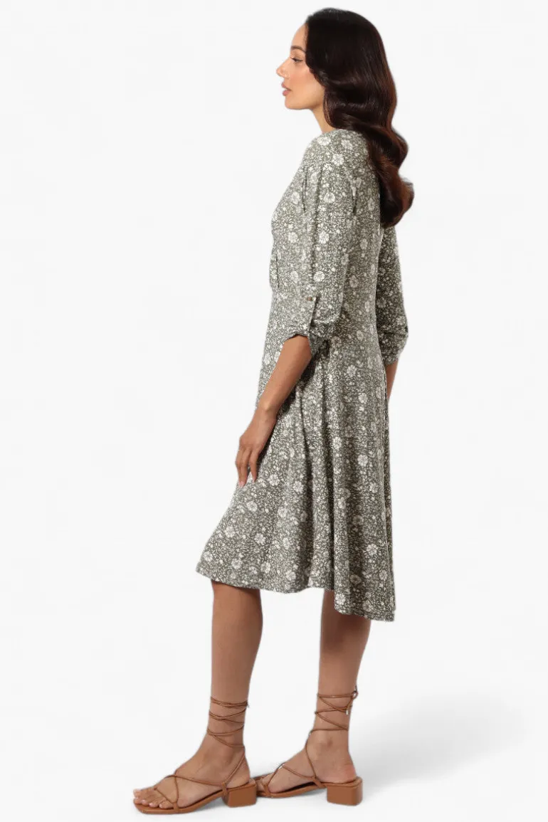 Beechers Brook Floral Crossover Button Up Sleeve Day Dress - Olive