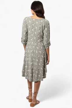 Beechers Brook Floral Crossover Button Up Sleeve Day Dress - Olive
