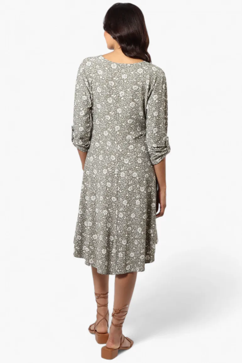 Beechers Brook Floral Crossover Button Up Sleeve Day Dress - Olive