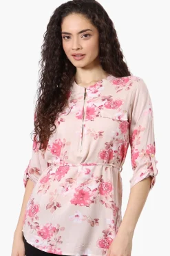 Beechers Brook Floral Half Zip Tie Waist Blouse - Pink
