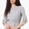 Beechers Brook Floral Half Zip Tie Waist Blouse - White