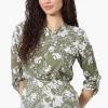 Beechers Brook Floral Half Zip Tie Waist Blouse - Olive