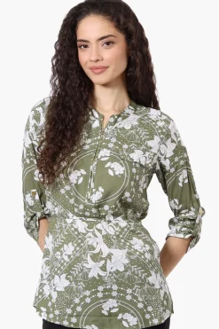 Beechers Brook Floral Half Zip Tie Waist Blouse - Olive