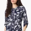 Beechers Brook Floral Half Zip Tie Waist Blouse - Navy