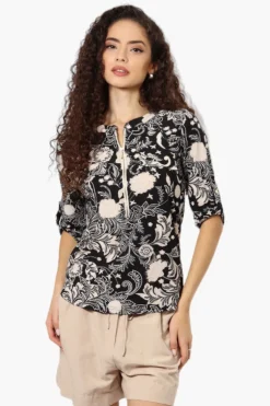 Beechers Brook Floral Half Zip Roll Up Sleeve Shirt - Black