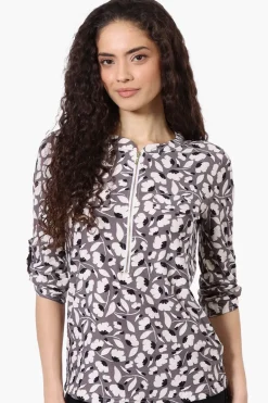 Beechers Brook Floral Half Zip Roll Up Sleeve Shirt - Purple