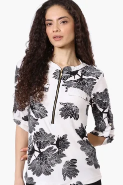 Beechers Brook Floral Half Zip Roll Up Sleeve Shirt - White