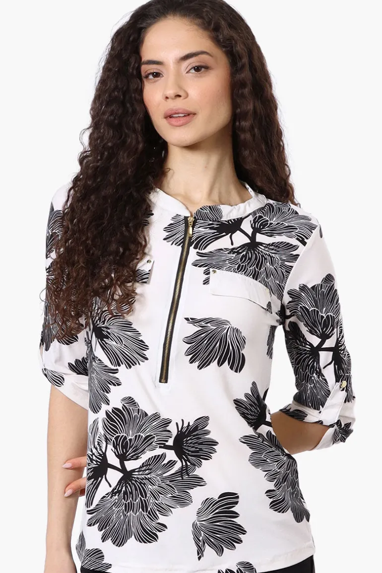 Beechers Brook Floral Half Zip Roll Up Sleeve Shirt - White