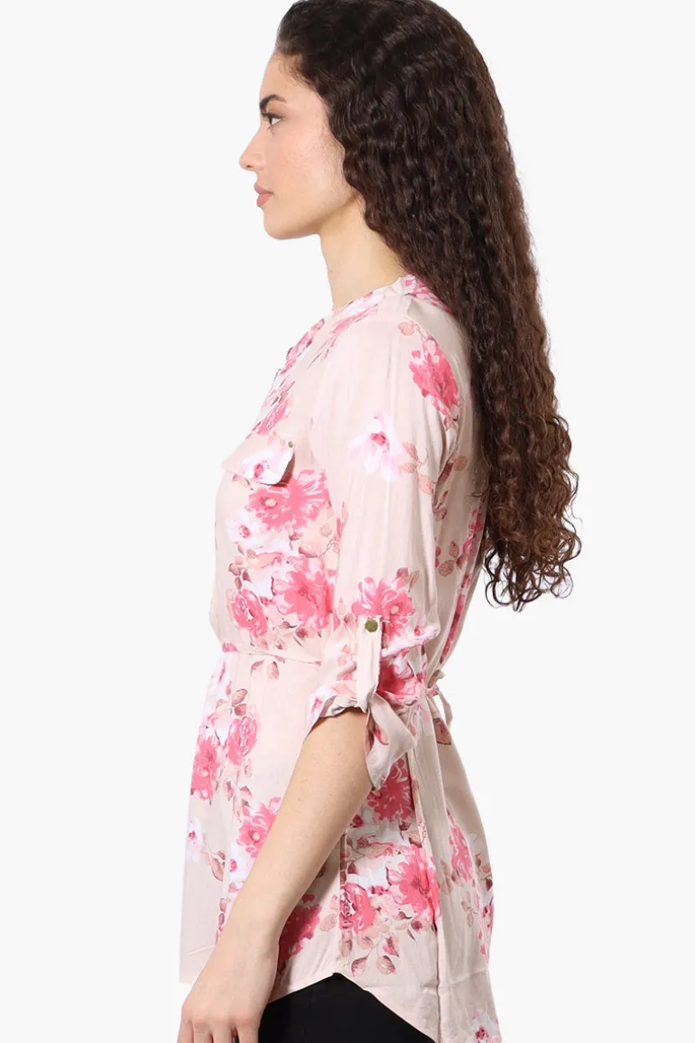 Beechers Brook Floral Half Zip Tie Waist Blouse - Pink