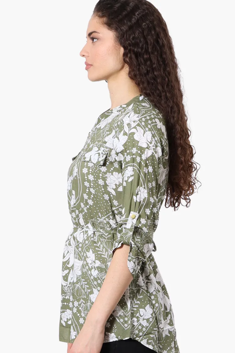 Beechers Brook Floral Half Zip Tie Waist Blouse - Olive
