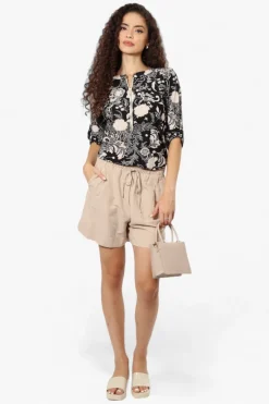 Beechers Brook Floral Half Zip Roll Up Sleeve Shirt - Black