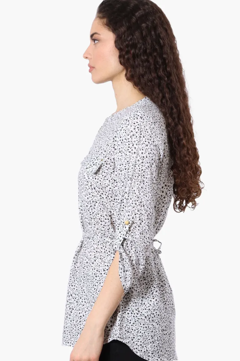 Beechers Brook Floral Half Zip Tie Waist Blouse - White