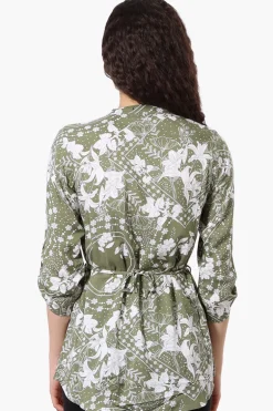Beechers Brook Floral Half Zip Tie Waist Blouse - Olive
