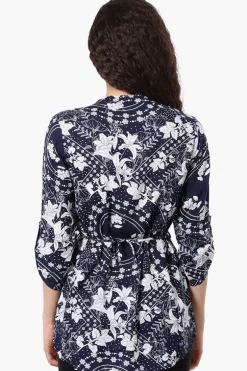 Beechers Brook Floral Half Zip Tie Waist Blouse - Navy