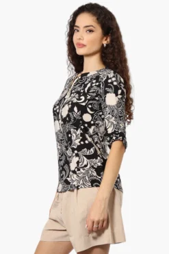 Beechers Brook Floral Half Zip Roll Up Sleeve Shirt - Black