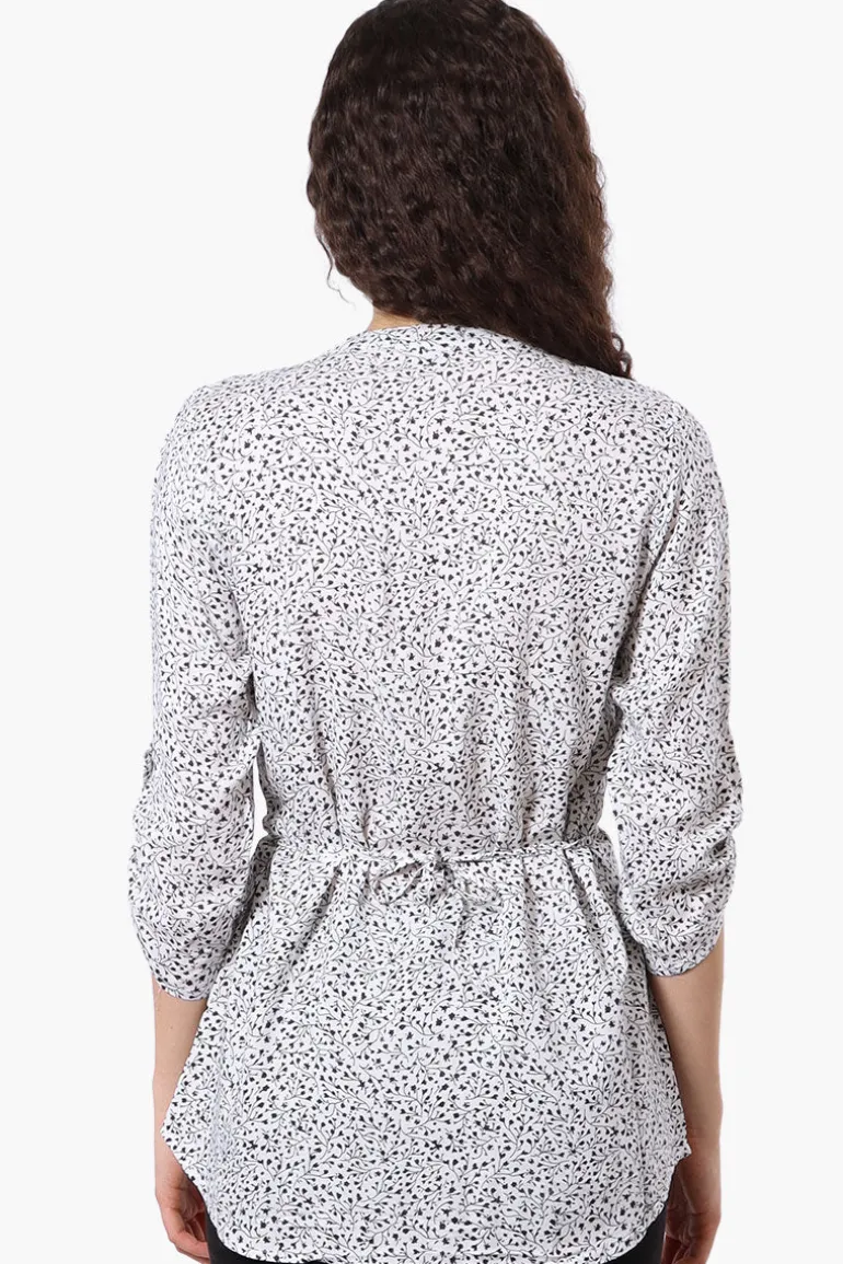 Beechers Brook Floral Half Zip Tie Waist Blouse - White