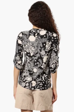 Beechers Brook Floral Half Zip Roll Up Sleeve Shirt - Black