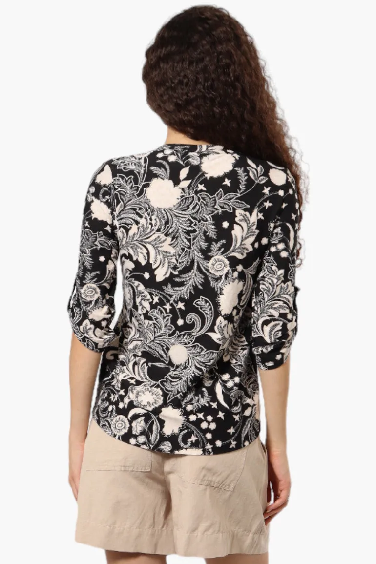Beechers Brook Floral Half Zip Roll Up Sleeve Shirt - Black