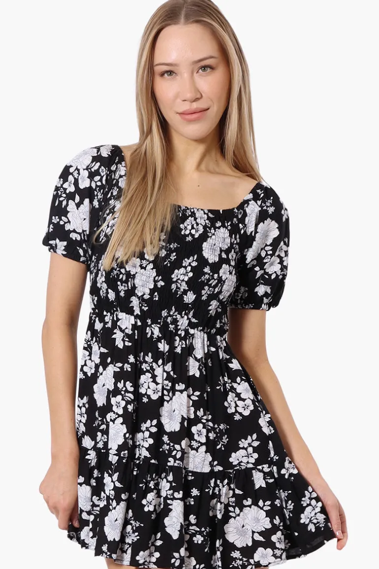 Beechers Brook Floral Puff Sleeve Smocked Day Dress - Black