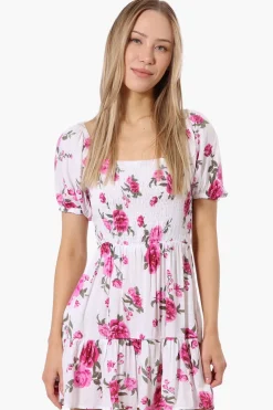 Beechers Brook Floral Puff Sleeve Smocked Day Dress - White