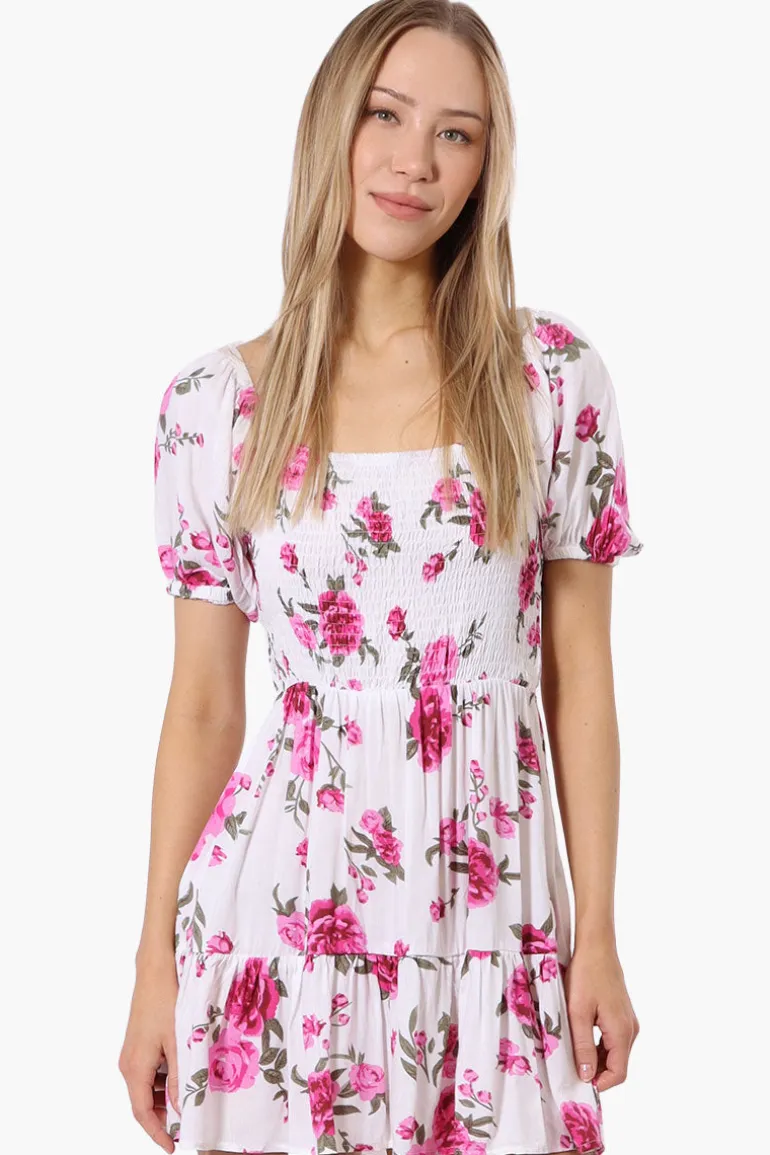 Beechers Brook Floral Puff Sleeve Smocked Day Dress - White
