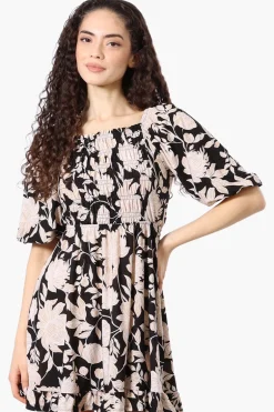 Beechers Brook Floral Puff Sleeve Smocked Day Dress - Black
