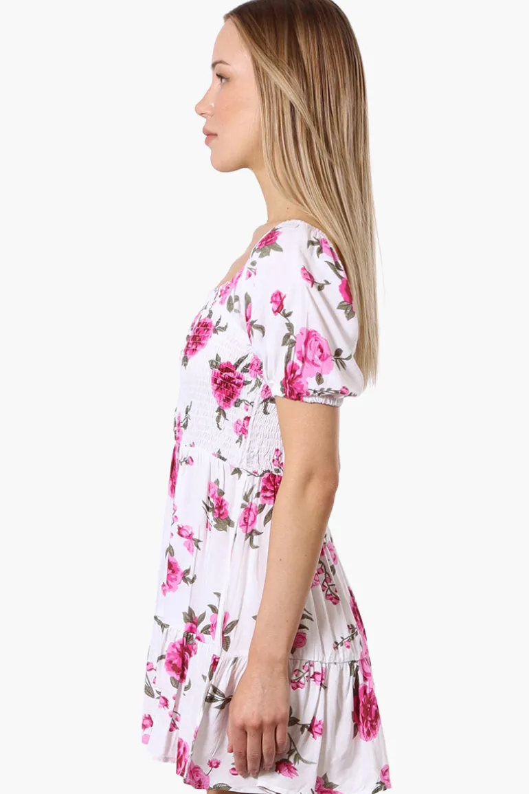 Beechers Brook Floral Puff Sleeve Smocked Day Dress - White