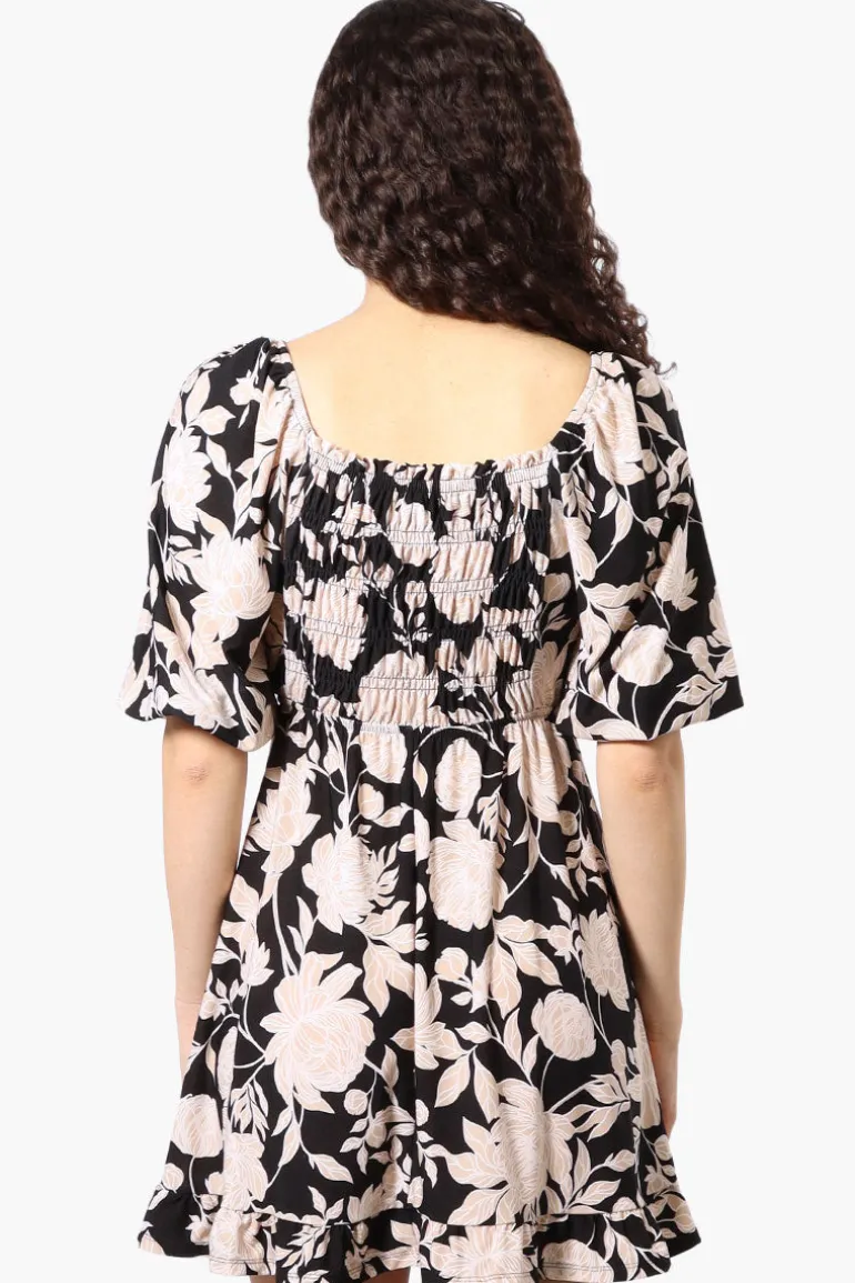 Beechers Brook Floral Puff Sleeve Smocked Day Dress - Black