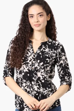 Beechers Brook Floral Roll Up Sleeve Henley Shirt - Cream
