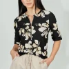 Beechers Brook Floral Roll Up Sleeve Half Zip Blouse - Black