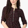 Beechers Brook Floral Roll Up Sleeve Half Zip Shirt - Black
