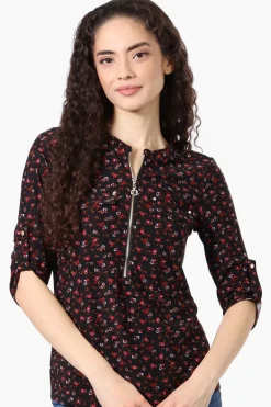 Beechers Brook Floral Roll Up Sleeve Half Zip Shirt - Black