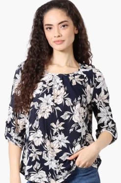 Beechers Brook Floral Roll Up Sleeve Blouse - Navy